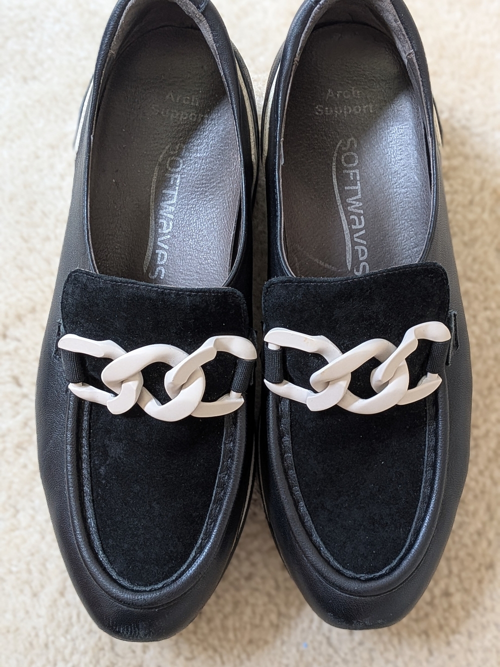 Softwaves Black Loafers with Cream Chain Accent